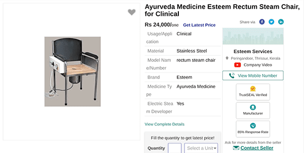 Ayurvedic Rectum Steam Chair in India
